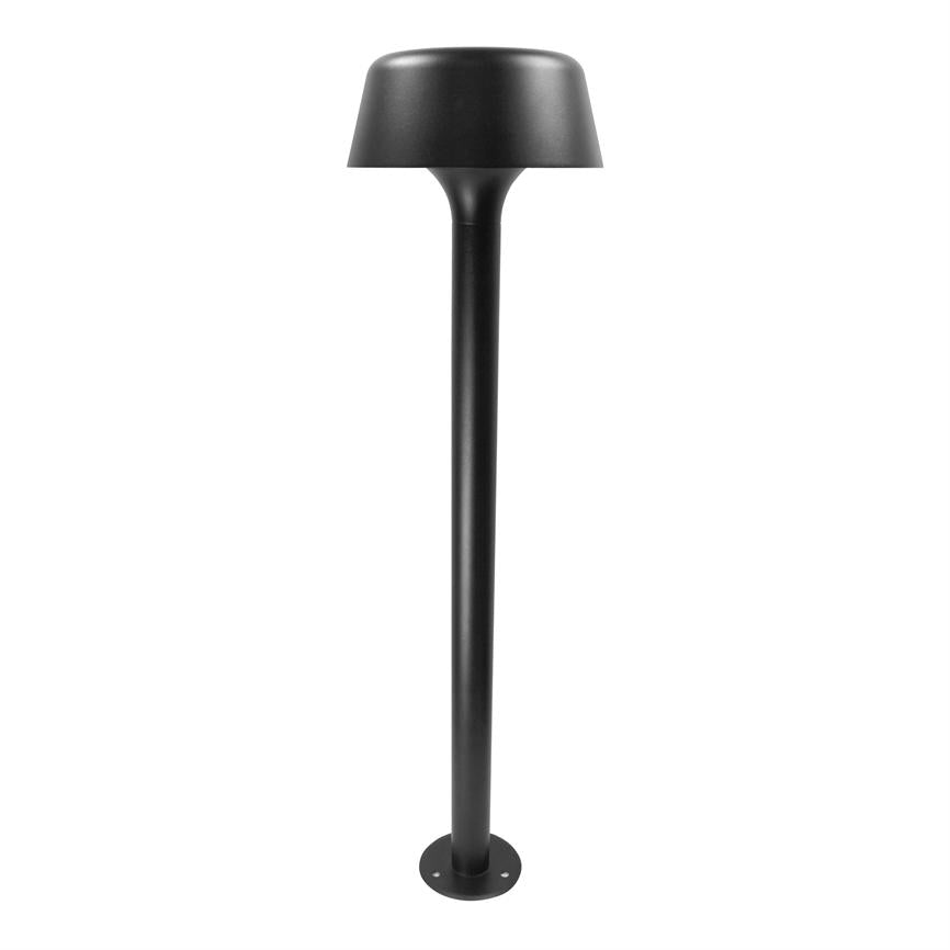 Pullertlampe i mat sort metal med slank stang står oprejst, rund kuppel øverst og monteringsflange i bunden, placeret mod en ensartet hvid baggrund.