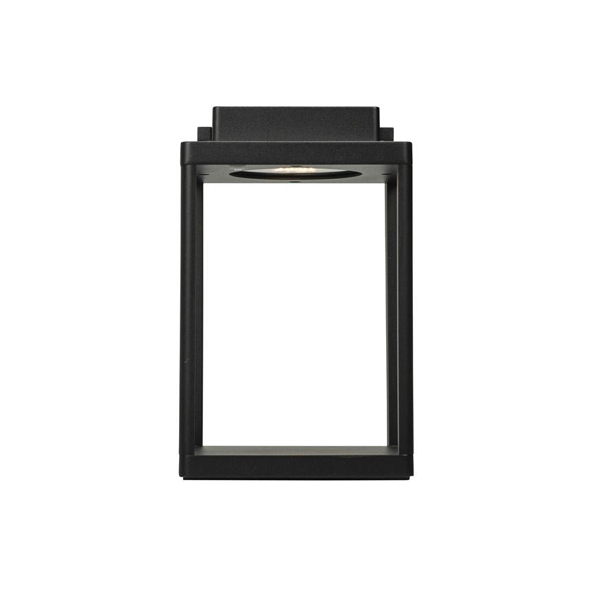 Sort rektangulær udendørslampe med åben ramme; integreret LED-lys peger nedad fra toppen; fladt top- og bundstykke i minimalistisk metal, isoleret mod en hvid baggrund.