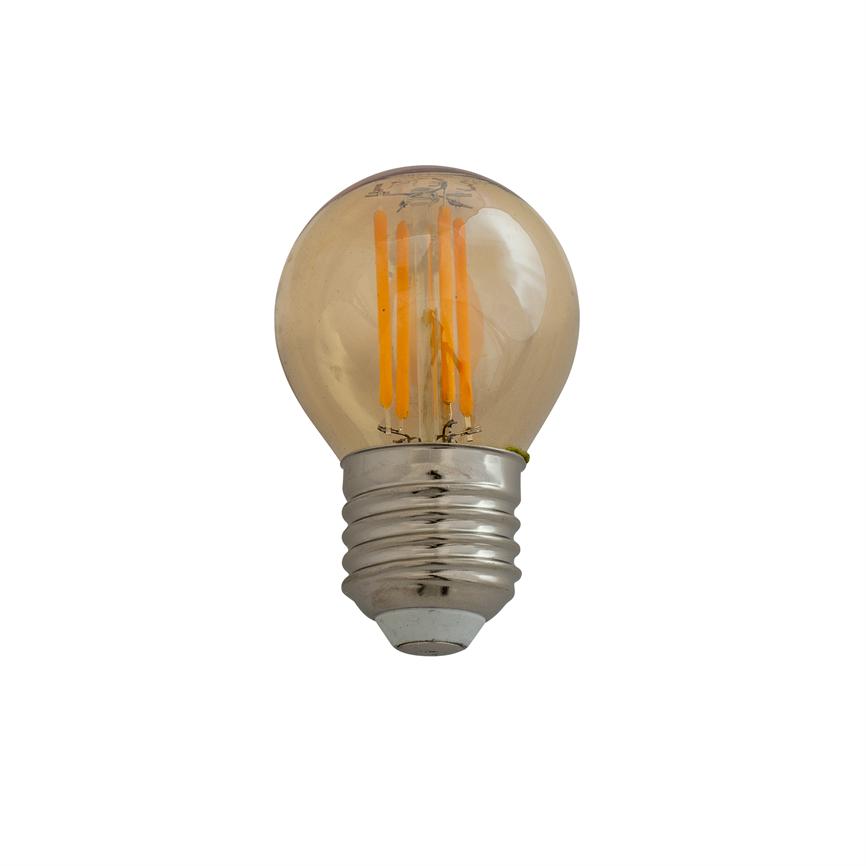 Glaspære med ravfarvet kuppel, fire synlige orange LED-filamenter og metal skruefatning, placeret centreret mod ensartet hvid baggrund.