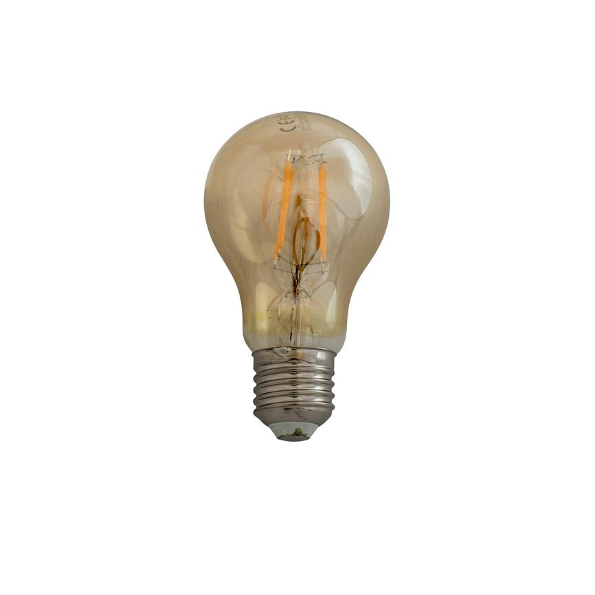 En bruntonet glødelampe med to synlige orange LED-filamenter og metalgevind i bunden, placeret alene mod en ensartet hvid baggrund.