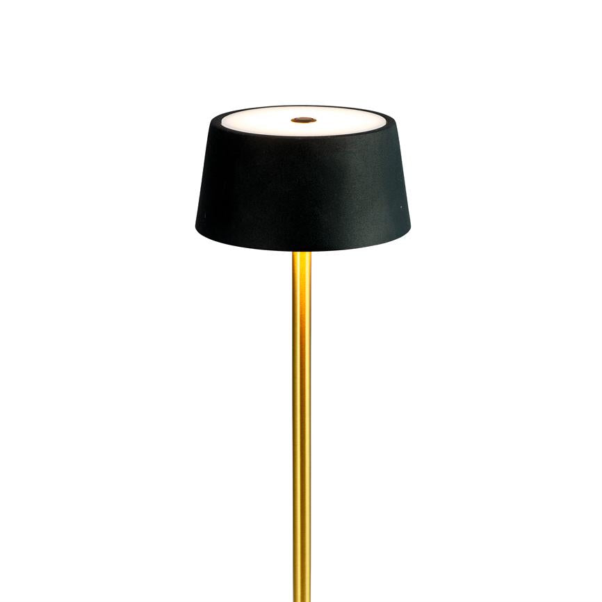 Gulvlampe med sort skærm, som udsender et blødt hvidt lys fra sin top; slank guldfarvet stang, placeret mod en ensartet hvid baggrund.