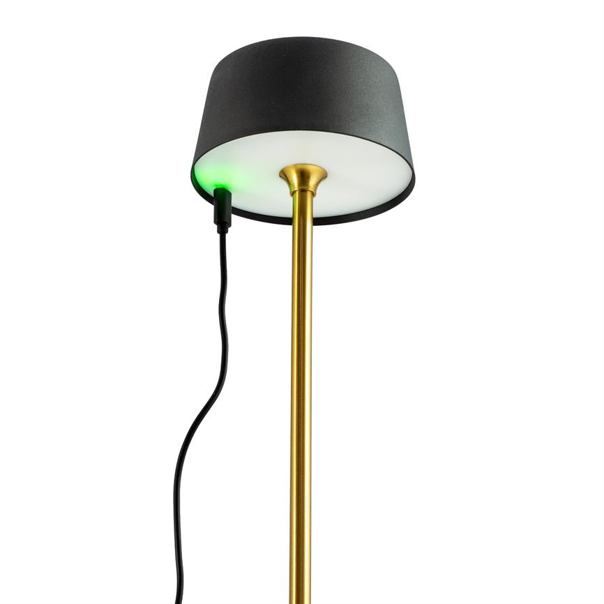 En guldfarvet lampestang med sort cylindrisk lampeskærm; et sort kabel er tilsluttet under skærmen og viser et grønt lys, mod en ren hvid baggrund.