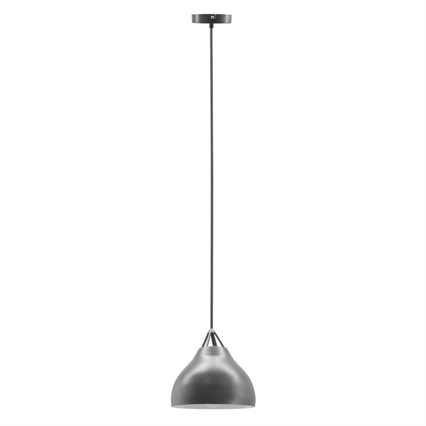En matgrå pendel lampe hænger i en sort ledning, med rund kuppel og åben underside, vist alene mod et rent hvidt baggrund.