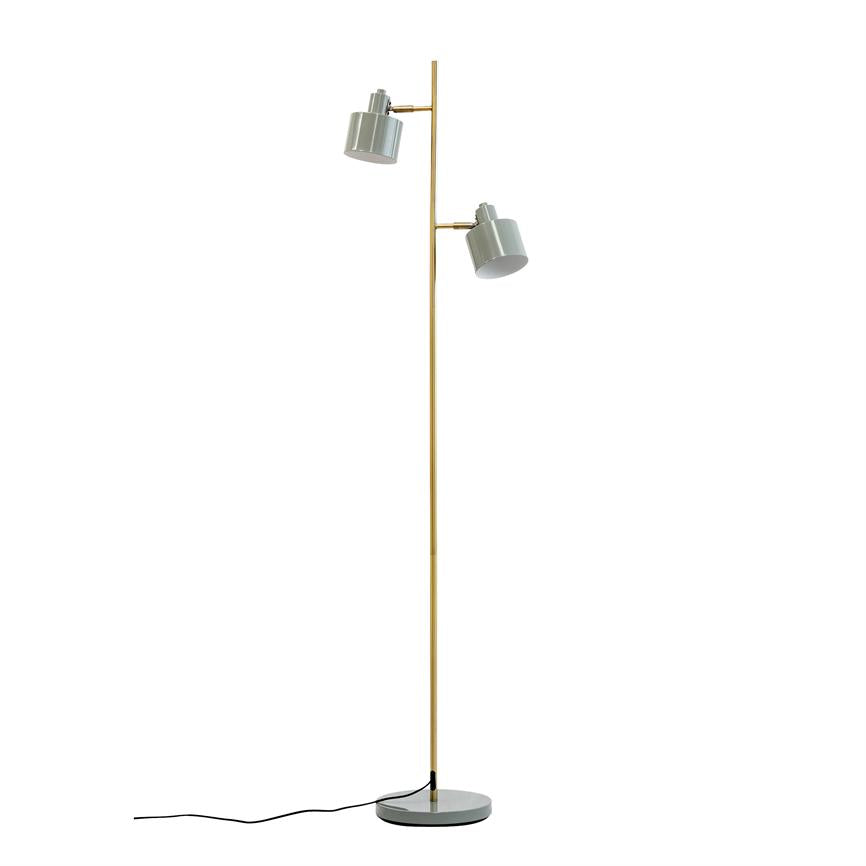 En slank gulvlampe med guldfarvet stang, to grå cylindriske skærme vinklet nedad, rund fod og sort ledning; står frit mod en neutral hvid baggrund.