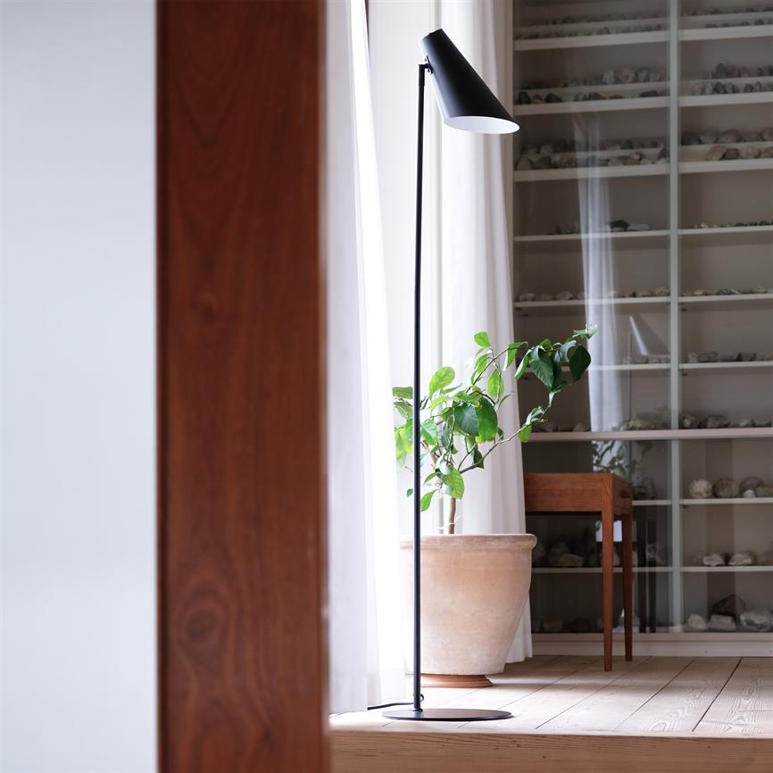 Gulvlampe står ved lyst vindue; potteplante strækker sig mod lyset; bagved hylder med små sten og træbord i lyst, enkelt rum med trægulv og hvide gardiner.