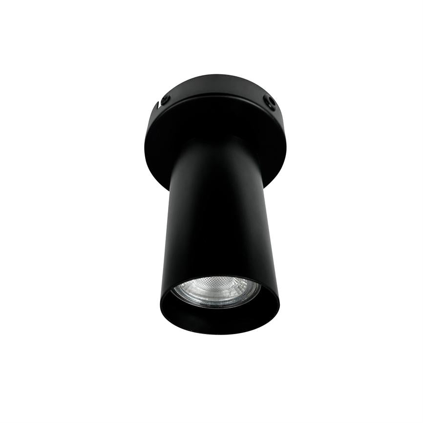 Sort cylinderformet loftspot peger nedad, med synligt reflektorøje indeni og mat sort overflade, placeret mod en ren hvid baggrund.