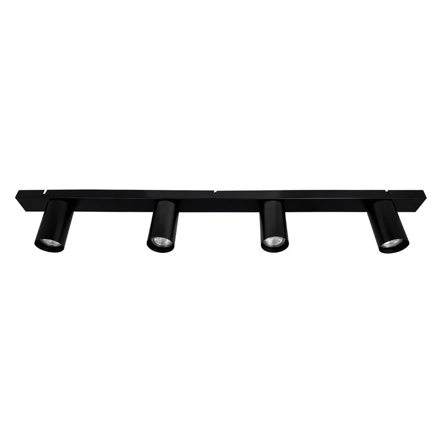 Sort loftskinne med fire cylinderformede spotlights (objekt), pegende nedad og monteret langs en lige skinne (handling), produktbillede mod ensartet hvid baggrund (kontekst).