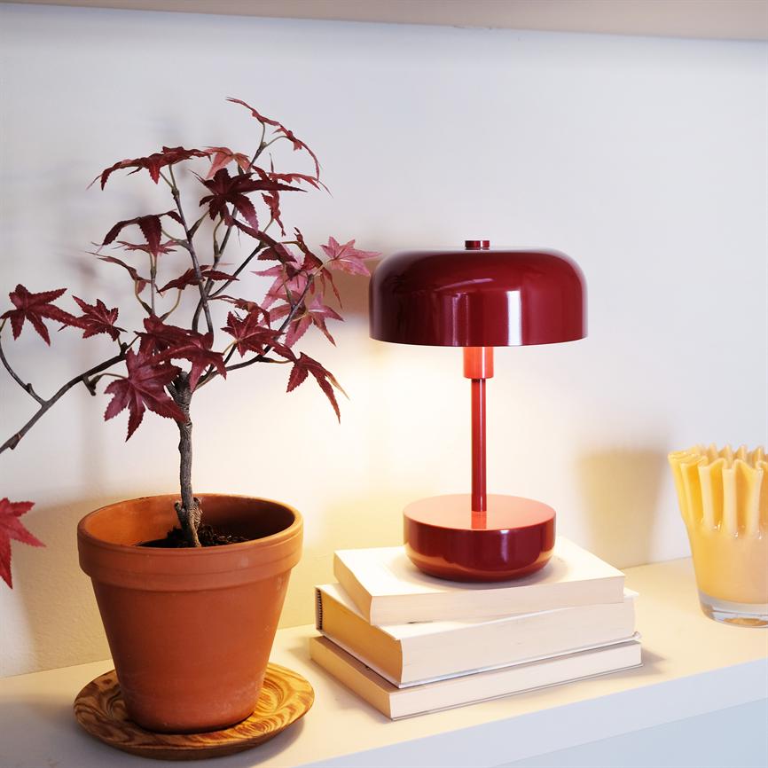 Rød bordlampe lyser blødt på en stak bøger; står på en hvid hylde mod hvid væg ved siden af en terrakottapotte med rødt japansk ahorn og en gul lysestage.