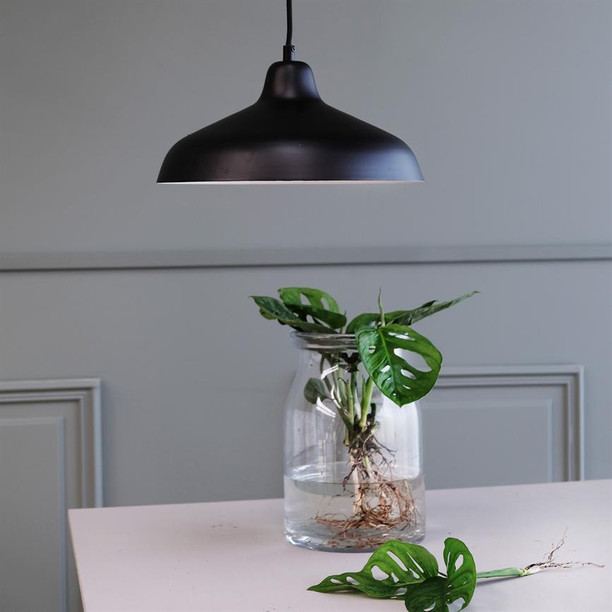 En sort hængelampe hænger over en glasvase med en Monstera-cutting, hvis rødder er nedsænket i vand; en ekstra bladstilk ligger på det lyse bord i et minimalistisk rum.