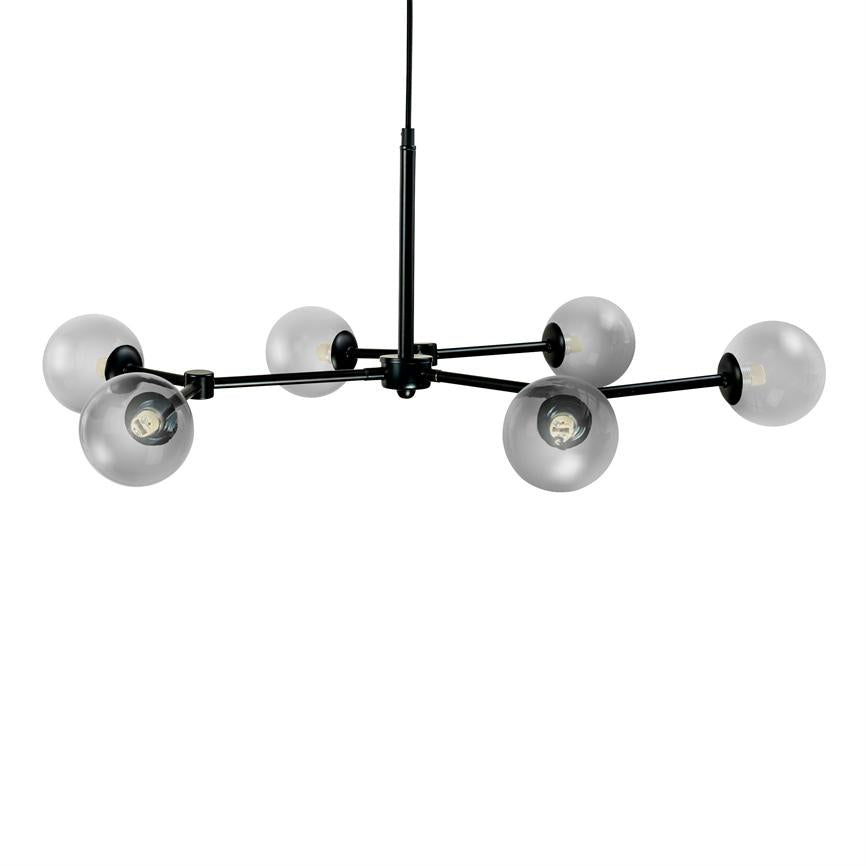 Loftlampe med seks røgfarvede glasglobusser, hænger fra en sort centralstang; metalarme strækker sig radielt og holder synlige glødepærer mod en hvid baggrund.