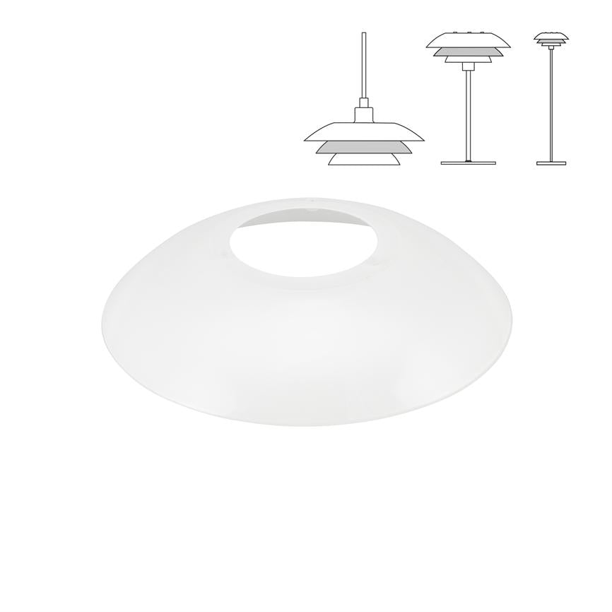 En hvid, flad rund lampekuppel med cirkulær åbning i midten; ligger mod en hvid baggrund med tre simple skitser af pendel-, bord- og gulvlampe øverst til højre.