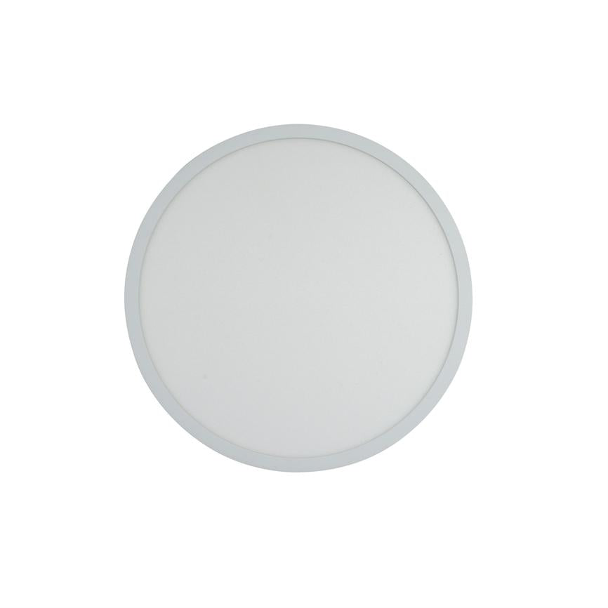Rund hvid LED-loftlampe, slukket, centreret mod en ensartet hvid baggrund; tynd lysegrå ramme og mat, diffust midtfelt.