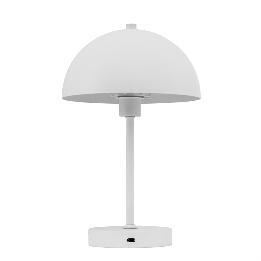 Hvid bordlampe med halvkugleformet skærm, monteret på en slank stang og rund fod med USB-C-port; står centralt mod en neutral hvid baggrund.
