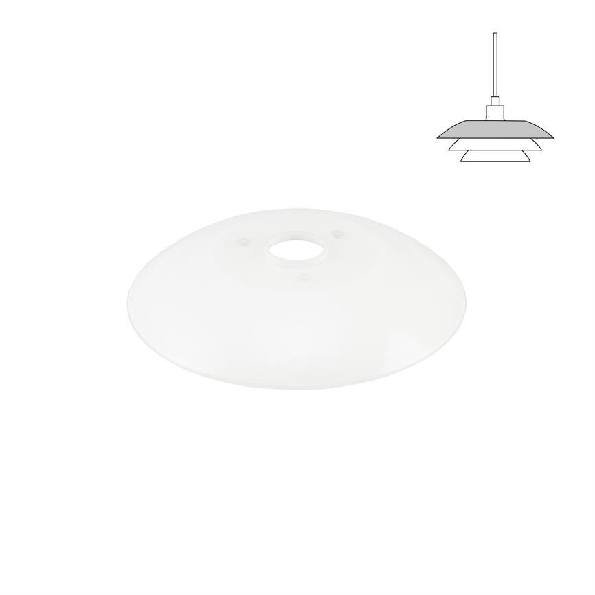 Hvid, opal rund lampekuppel med centralt cirkulært hul og to små monteringshuller hviler på hvid baggrund; enkel stregtegning af en pendel lampe i øverste højre hjørne.