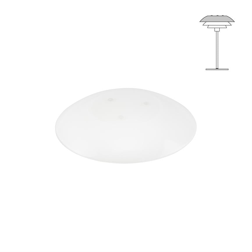 Rund, hvid, frostet lampeskærm ligger fladt mod en ensartet hvid baggrund; tre små monteringshuller er synlige, og en lille linjetegning af en stående lampe vises øverst til højre.