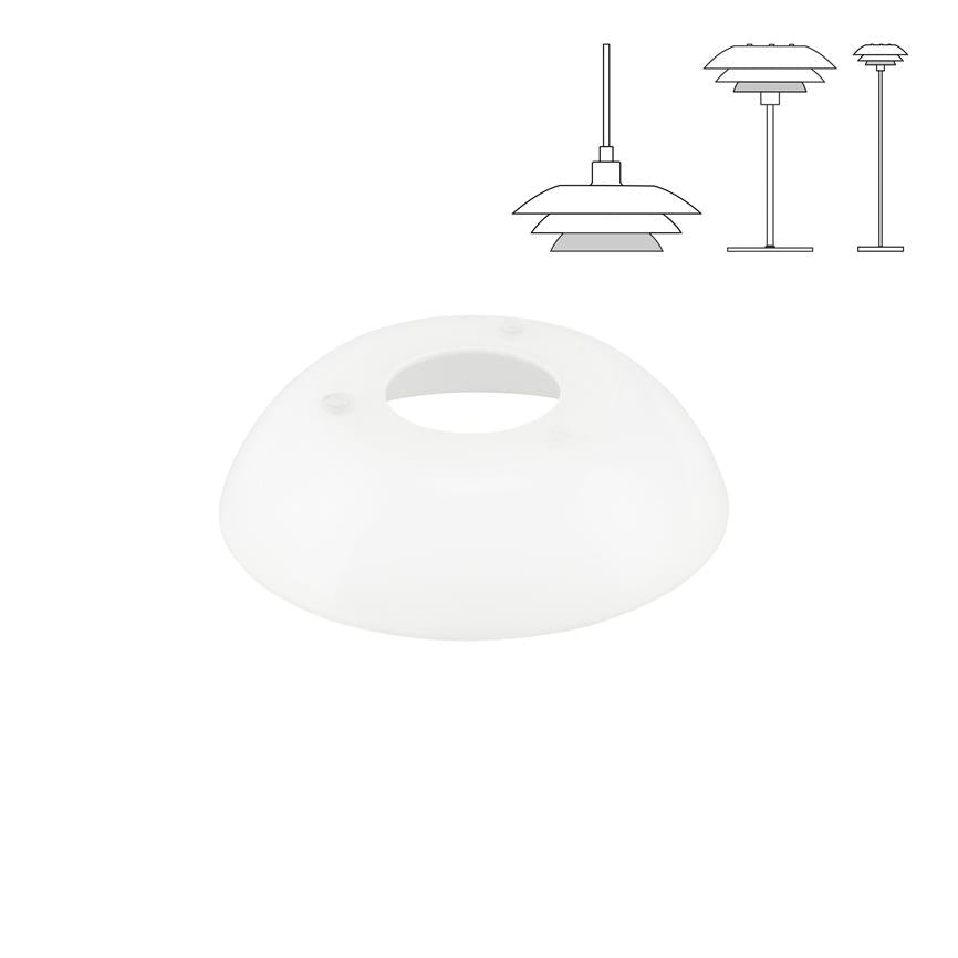 En hvid, rund lampeskærm hviler på en hvid baggrund med en central åbning; tre små stregtegninger af ophængt, bord- og gulvlampe vises øverst til højre.