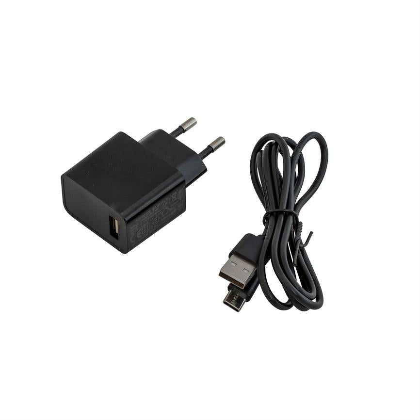 Sort USB-vægoplader ligger ved siden af et sammenrullet sort USB-A til micro-USB-kabel på en ensartet hvid baggrund.