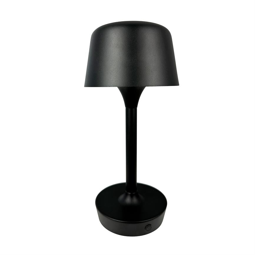 Sort bordlampe står slukket på hvid baggrund; slankt cylindrisk skaft, rund flad base med lille trykknap og klokkeformet skærm.
