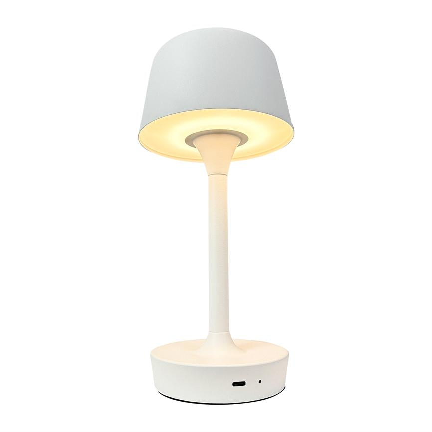 Bordlampe lyser blødt nedad; cylindrisk skærm og slank stang står på rund fod med USB-port, præsenteret mod en neutral hvid baggrund.