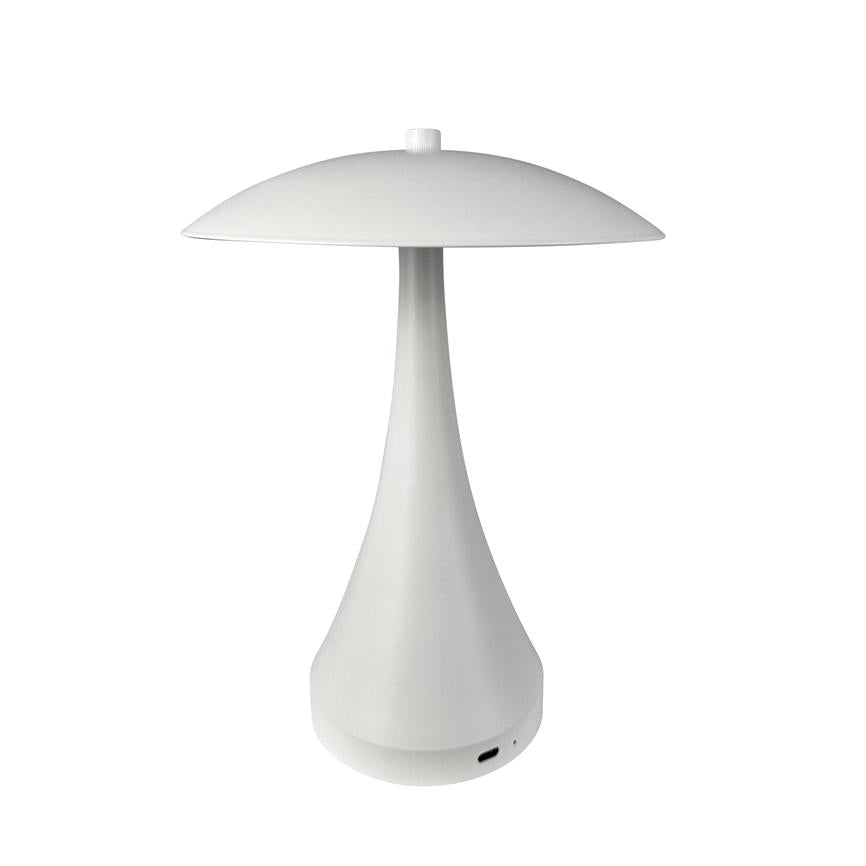 Hvid bordlampe i svampeform står slukket på en hvid, ensartet baggrund; slank stok og rund skærm, synlig lille USB-port ved bunden.