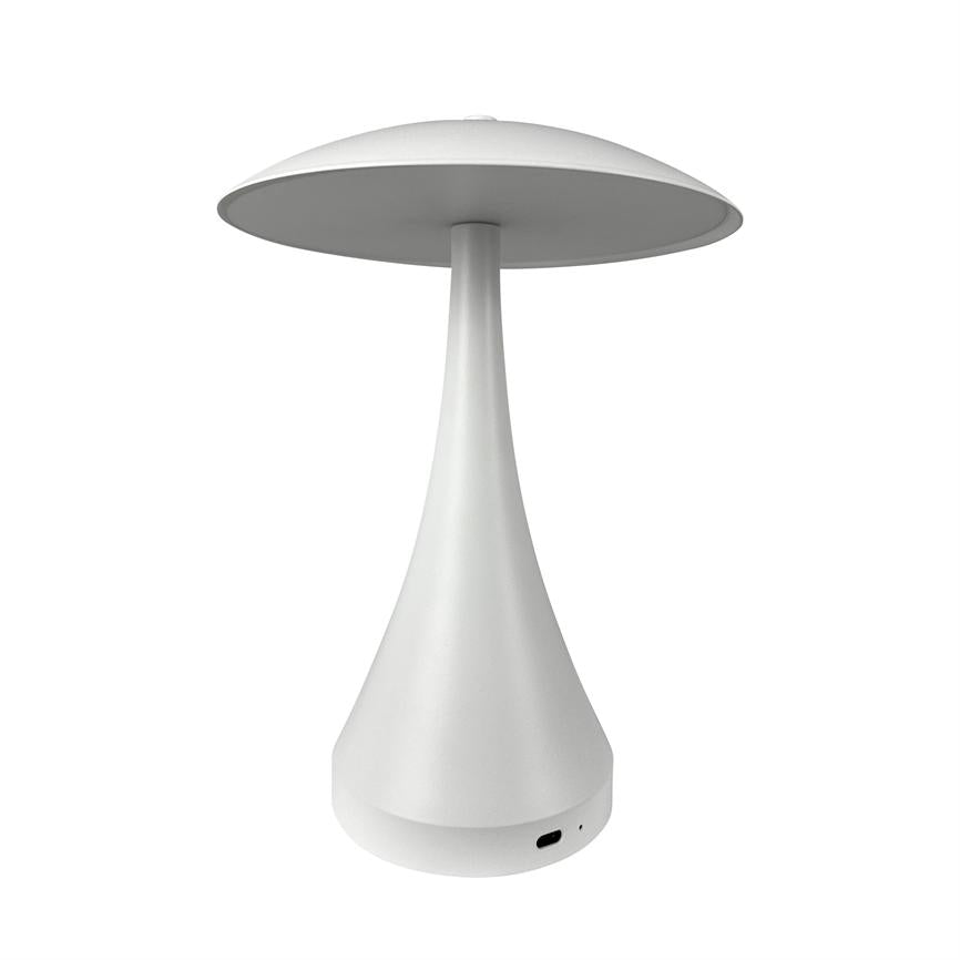 Hvid bordlampe står oprejst med rund skærm og slank, kegleformet fod, parat til at lyse; afbildet alene mod en ensartet hvid baggrund.