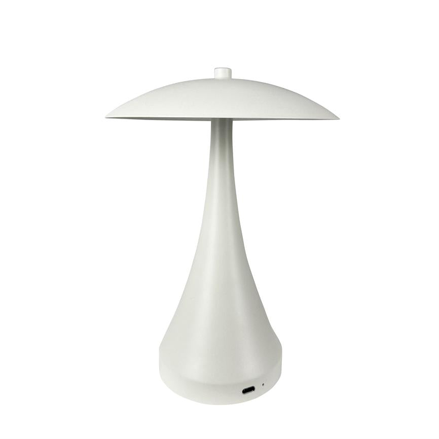 Bordlampe i hvid plastik, svampeformet, står slukket; slankt skaft og bred skærm, med synlig USB-port i bunden, isoleret mod hvid baggrund.