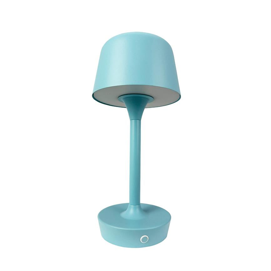 En turkis bordlampe står; cylindrisk skærm på slank stilk, rund fod med berøringsknap; placeret på ensartet hvid baggrund.
