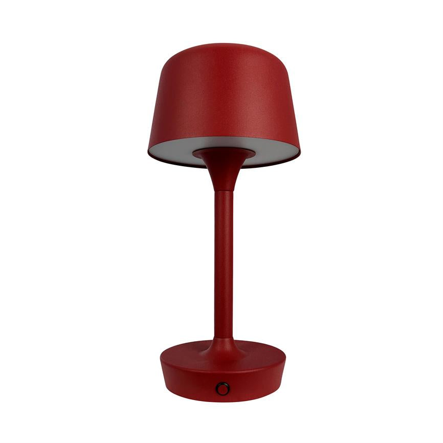 Bordlampe står slukket; rød, moderne med rund skærm, slank stang og rund fod, placeret alene mod en ensartet hvid baggrund.