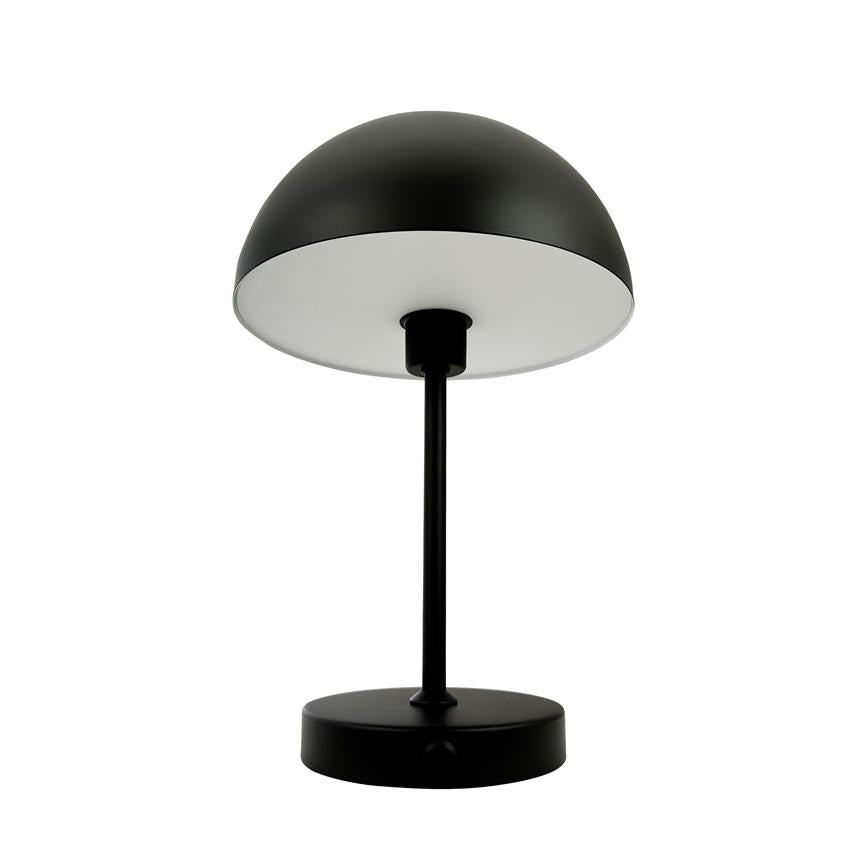Bordlampe med halvkugleformet sort skærm; skærmen vender nedad, monteret på en slank sort stang og rund fod. Lampen er slukket og vises foran en neutral, hvid baggrund.