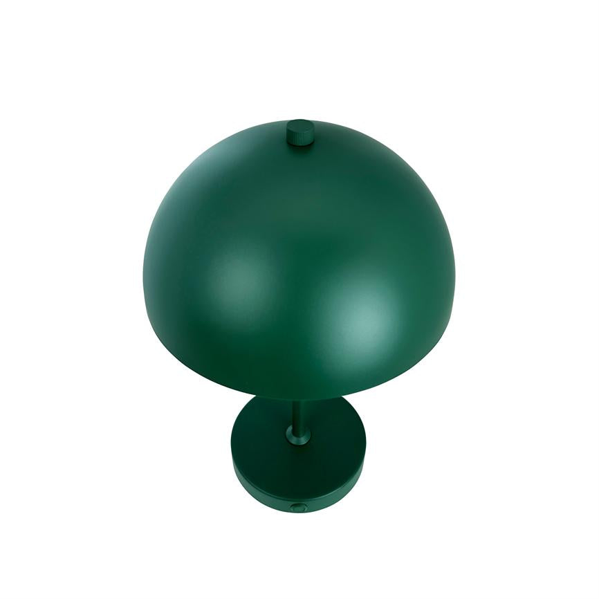 Bordlampe står på hvid baggrund; mørkegrøn, stor kupelformet skærm med lille topknap, tynd central stang og rund fod, mat metalfinish, svampelignende design.