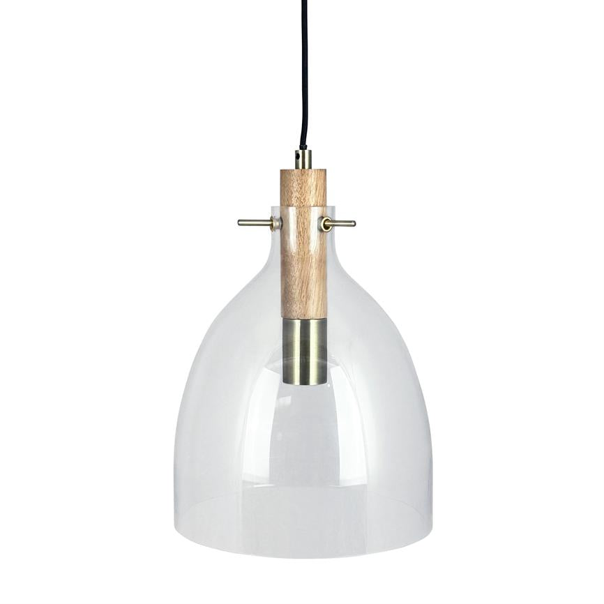En glaspendel hænger fra en sort ledning; en klar kuppel omgiver en træ- og messingbeslag med synlig lampeholder, vist mod en neutral hvid baggrund.
