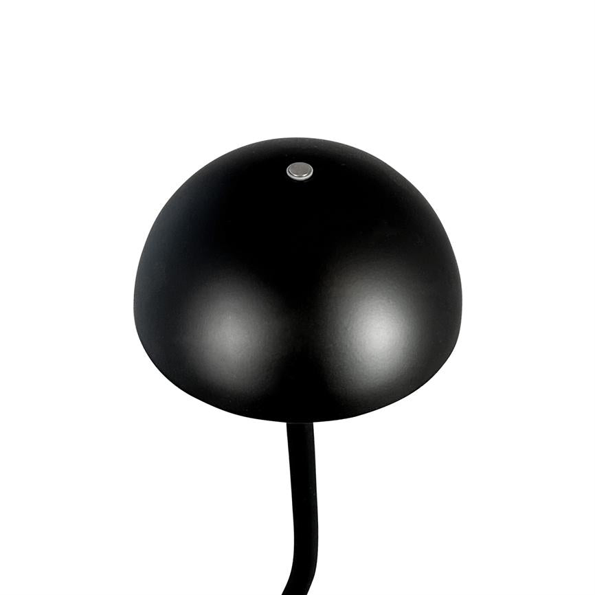 Sort kuppelformet lampe (objekt) med en lille sølvknap på toppen, monteret på en buet sort stang (handling), stående mod en ensartet hvid baggrund (kontekst).