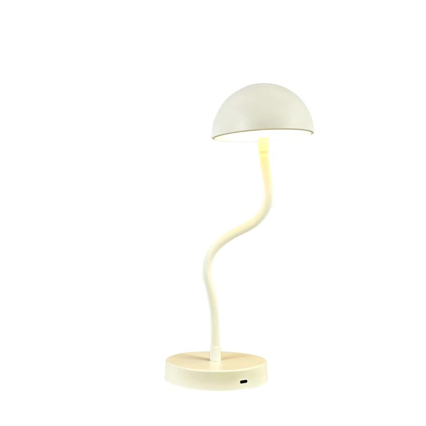 En hvid bordlampe med halvkugleformet skærm, der lyser gennem en snoet, fleksibel hals; står på en rund fod med lille USB-port mod ensartet hvid baggrund.