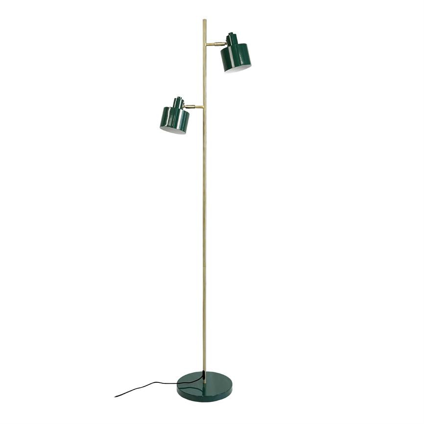 Stålampe med to grønne, justerbare skærme monteret på en slank messingstang, står på rund grøn fod med sort ledning mod en ren hvid baggrund.