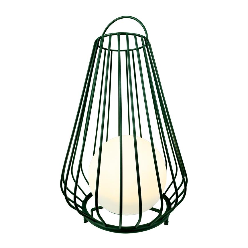 Sort metalbur-lampe omslutter en oplyst hvid glaskugle; kegleformet gitter står frit mod en ensartet hvid baggrund.