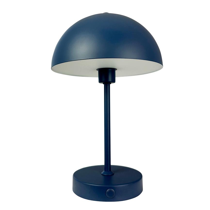 Bordlampe med mørkeblå halvkugleskærm står på en slank stang og rund fod, placeret foran en ensartet hvid baggrund.