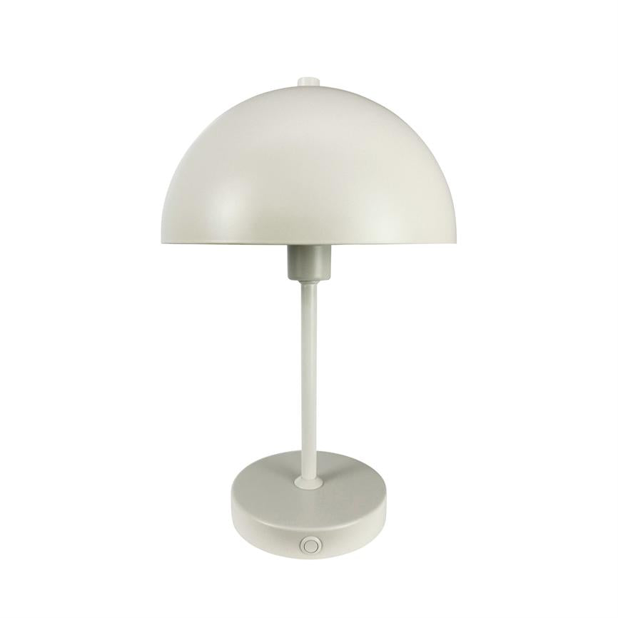 Bordlampe med halvkugleformet skærm; står monteret på en slank stang over en rund fod, mat lysegrå finish, centralt placeret mod en ren hvid baggrund.