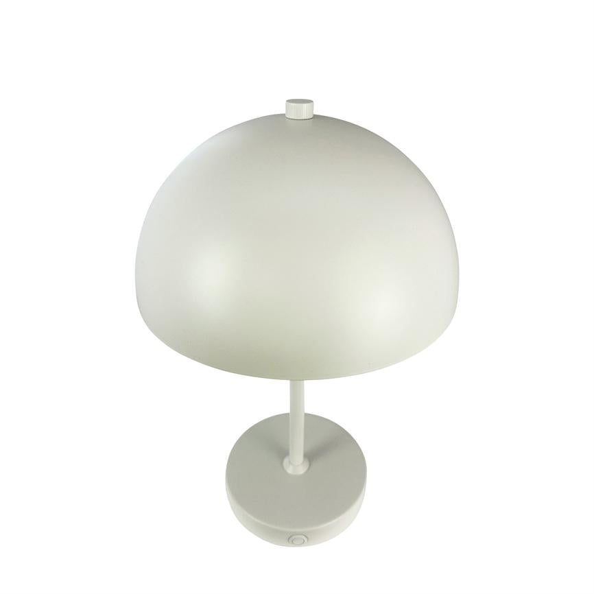 Bordlampe med svampeformet kuppel og mat hvid overflade, monteret på tynd stang og rund fod med lille tændknap; står isoleret på hvid baggrund.