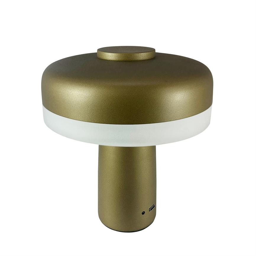 Bordlampe formet som en svamp, viser hvid lysring mellem guldfarvet top og fod, står på hvid baggrund; lille USB-C-port nederst.