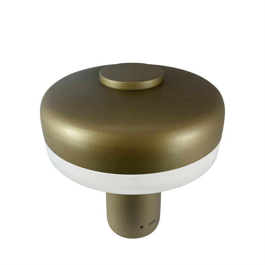 En svampeformet, bronzefarvet bærbar lampe med hvid diffusionsring, rund topknap og USB-port står centralt mod en hvid, ensfarvet baggrund.