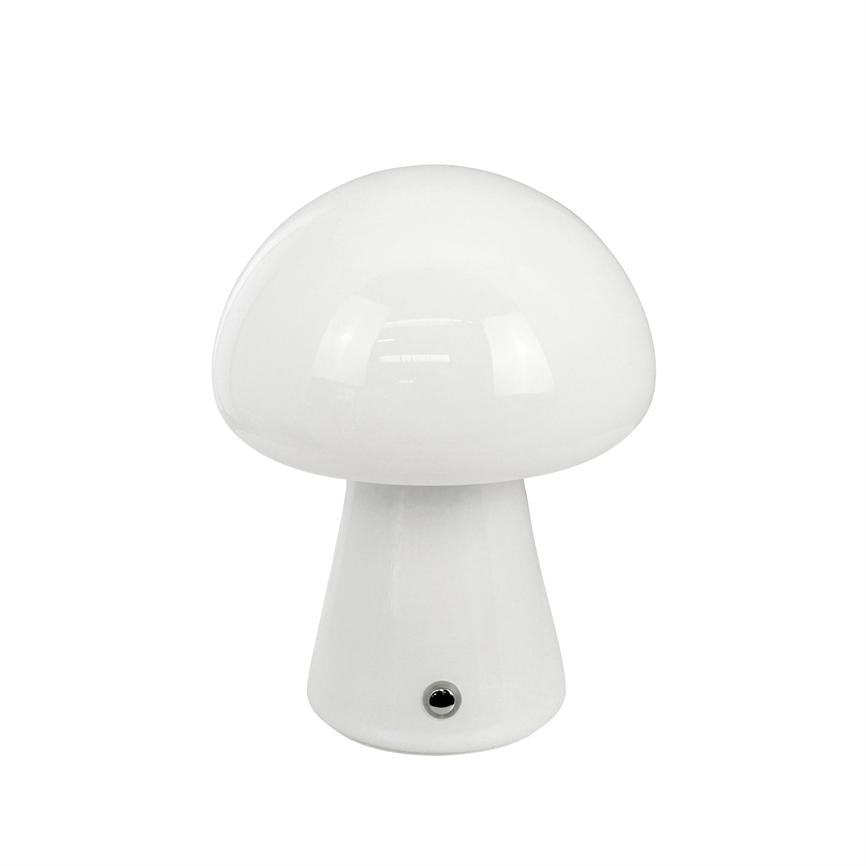 Hvid svampeformet bordlampe står centreret på hvid baggrund, er slukket; blank overflade og lille rund stikport i fodens forside.