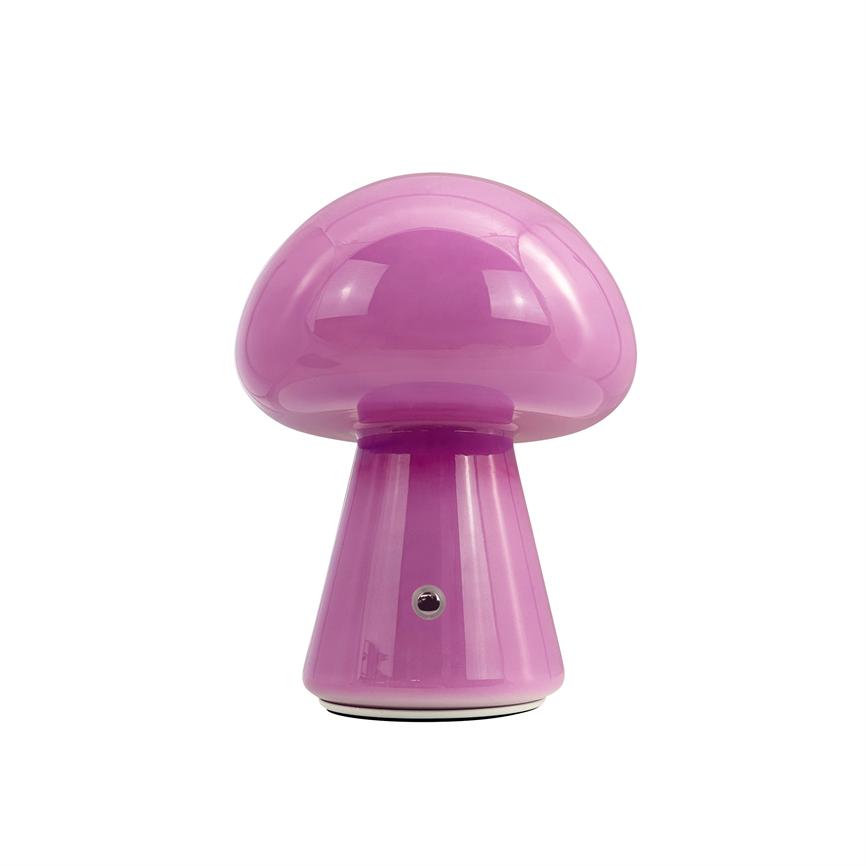 Rosa svampeformet bordlampe står centreret på hvid baggrund, blank plastoverflade med synlige refleksioner og en lille metalknap på lampens fod.